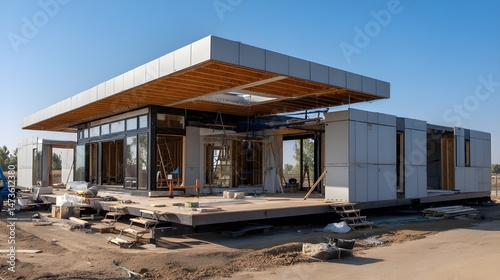 Construction Progress of Modular Prefab Home Showcasing Innovative Design and Sustainable Building Materials in Detail