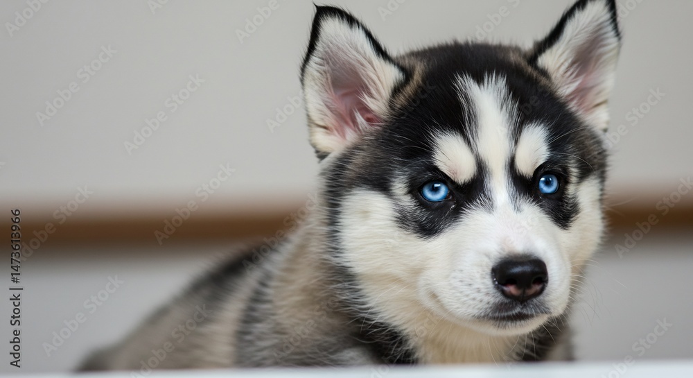 Obraz premium 澄んだ瞳のハスキー犬子犬 優しい光の中で輝く毛並. AI Generated