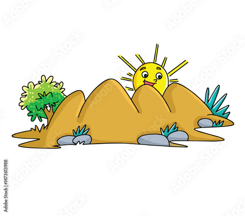 Cute cartoon hand drawn vector mountain with a sun clipart.