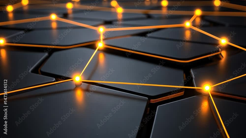Network connections on a dark hexagonal surface.