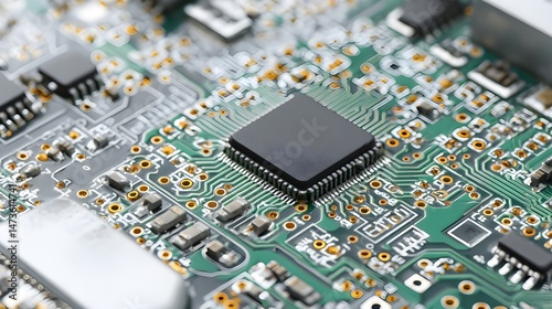 Close-Up of Solder Flux Residue on PCB Front Illustrating Electronic Assembly Process and Component Bonding