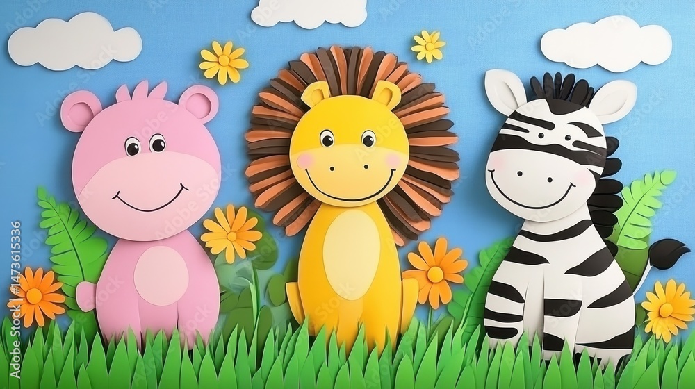 Obraz premium Colorful Cartoon Animals in a Playful Nature Background