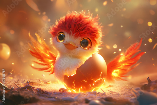 かわいいファンタジーの火の鳥のヒナ。輝く瞳と炎の羽