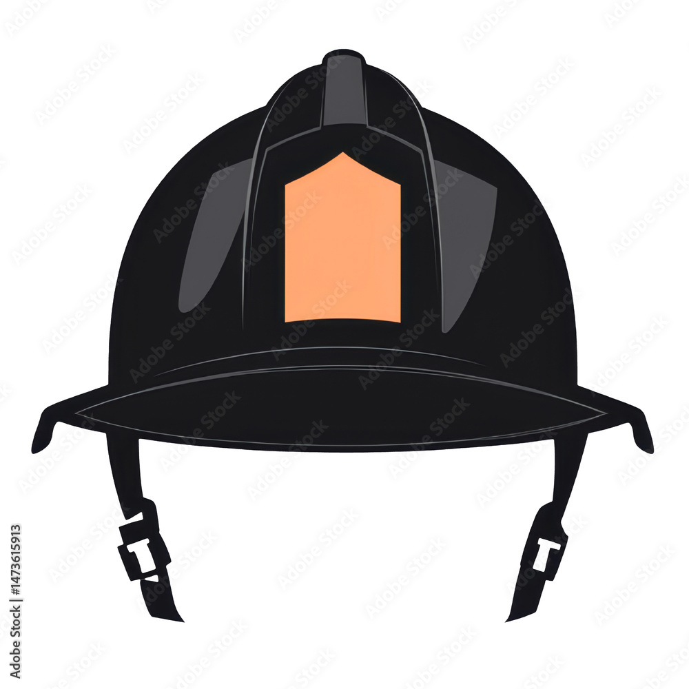 Fototapeta premium Black firefighter helmet with orange shield and chin straps, symbolizing safety and protection