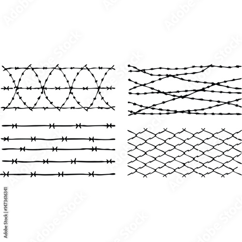 Barbed Wire Fence Designs Black and White Vector Illustration
