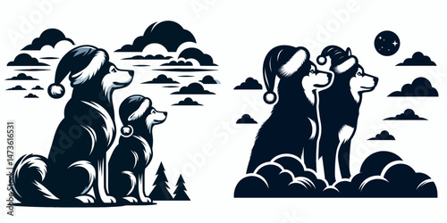 Siberian Husky Dog Couple wear santa hat watching the clouds. Merry Christmas Cartoon clipart vector draw Holiday Decoration. .