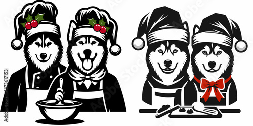 Siberian Husky Dog Couple wear santa hat taking a cooking class. Merry Christmas Cartoon clipart vector draw Holiday Decoration. .
