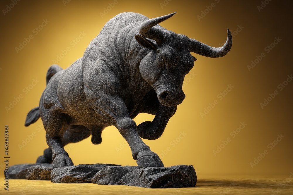 Fototapeta premium Powerful bull sculpture against a warm backdrop.