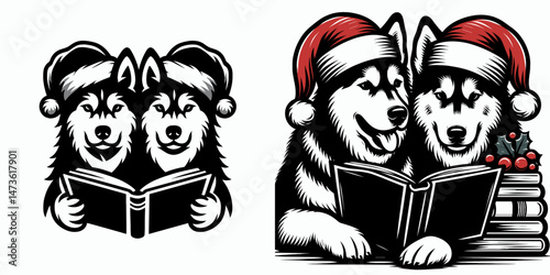 Siberian Husky Dog Couple wear santa hat reading each others favorite book. Merry Christmas Cartoon clipart vector draw Holiday Decoration. Canine pair in festive attire headgear perusing.