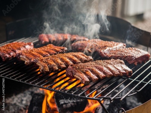 Juicy grilled ribs on a barbecue, with aromatic smoke wafting up under warm sunlight.