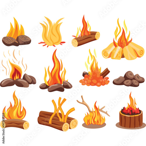 Bonfire Campfire Vector Illustration Set Burning Wood Warmth Design