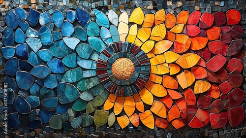 A vibrant mosaic pattern composed of small, colorful tiles, creating an intricate and visually appealing design The details are precise and the colors are rich