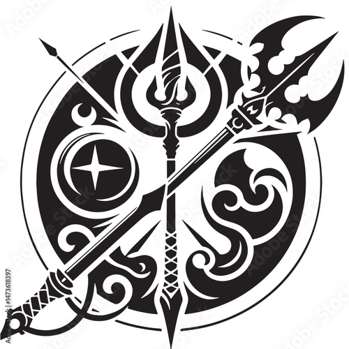 Polearm Techniques (Global - halberd, naginata, etc.) Silhouette line art vector illustration on white background