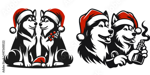 Siberian Husky Dog Couple wear santa hat getting dressed up. Merry Christmas Cartoon clipart vector draw Holiday Decoration. .