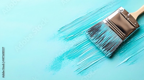 Close up of a brush lightly applying finishing paint to a previously flawed section of wall, minimal and clean workspace, texture of fresh paint visible on the bristles