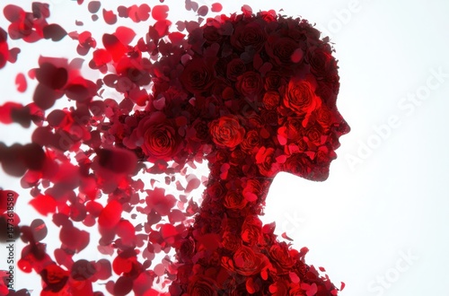 High-end concept poster with an abstract silhouette of a graceful girl made from blooming red roses