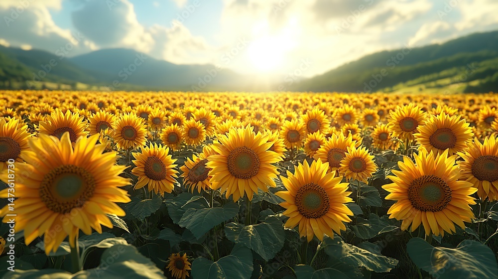Fototapeta premium A vibrant sunflower field stretching towards the horizon under a bright, sunny sky, with the large yellow blooms turning their faces to follow the sun's path