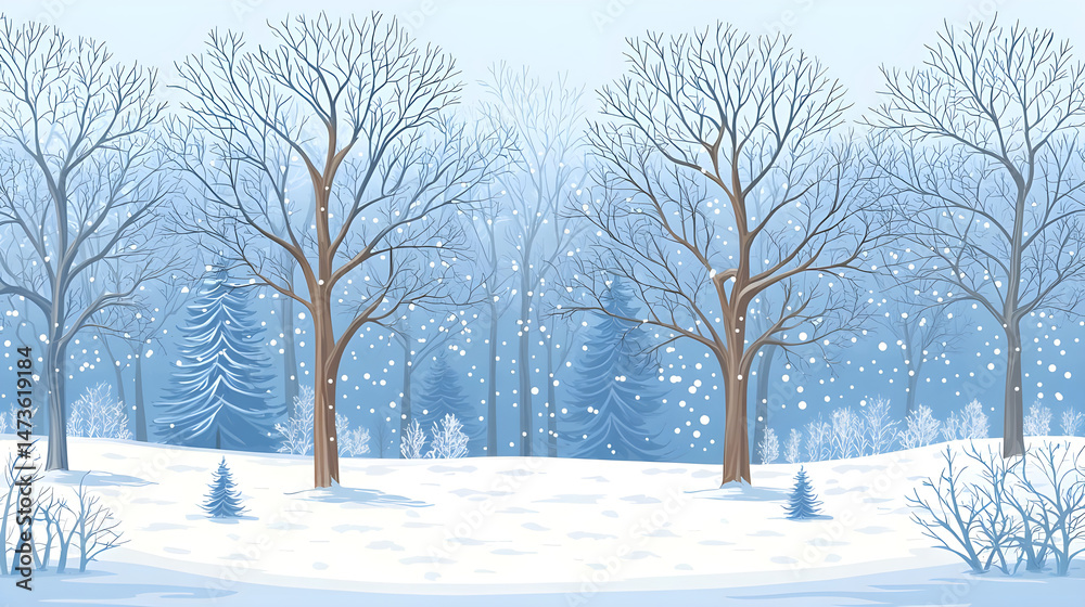 Serene Winter Landscape with Snowy Trees and Gentle Snowfall Serene Winter Landscape with Snowy Trees and Gentle Snowfall