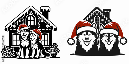 Siberian Husky Dog Couple wear santa hat building a gingerbread house. Merry Christmas Cartoon clipart vector draw Holiday Decoration. Canine pair construct festive treat home donning.