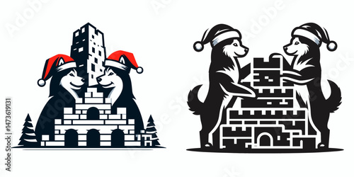 Siberian Husky Dog Couple wear santa hat building a fort together. Merry Christmas Cartoon clipart vector draw Holiday Decoration. Canine pair donned in yuletide headwear crafting shelter.