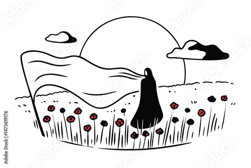 A vintage vector art illustration depicts a woman in a hat with a man and a cat silhouette by the sea