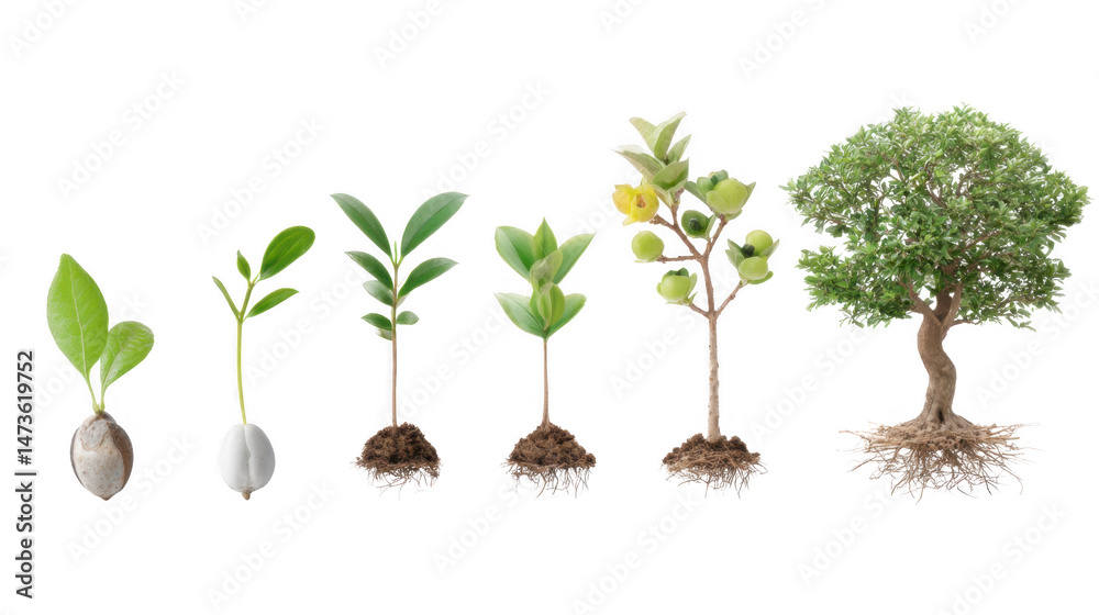 Fototapeta premium Witnessing a Tree's Life Cycle Stages From Seed to Mature Tree Growth Development