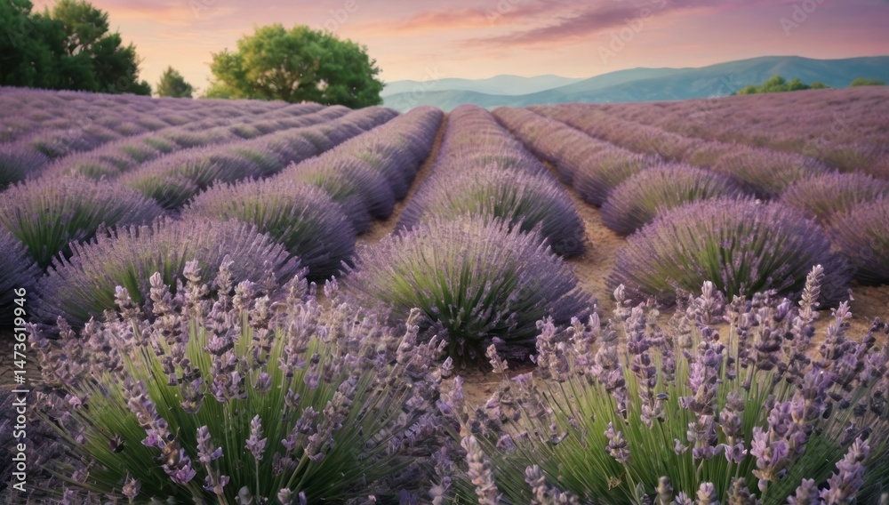 Obraz premium Lavender field in bloom with soft focus and pastel sky.