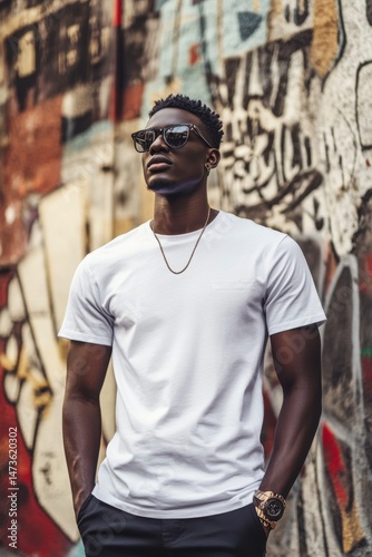 Stylish Young Man in Sunglasses Posing Against Colorful Urban Wall