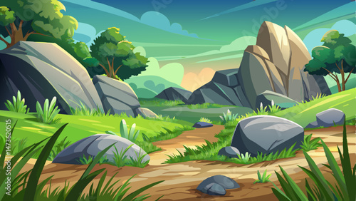 Grass and boulders Natural rocks on the ground