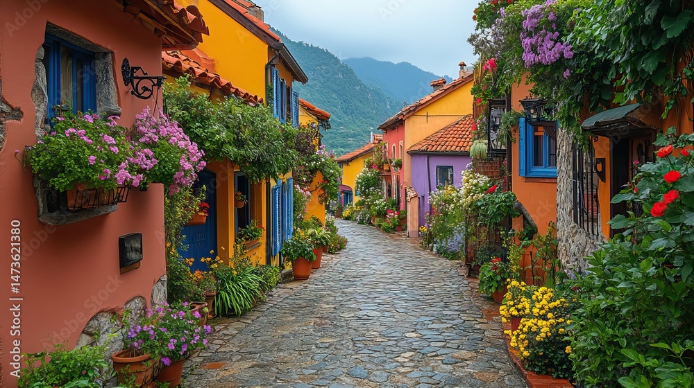 A winding cobblestone path leads through a charming European village with colorful buildings and overflowing flower boxes, inviting exploration A winding cobblestone path leads through a charming European village with colorful buildings and overflowing flower boxes, inviting exploration