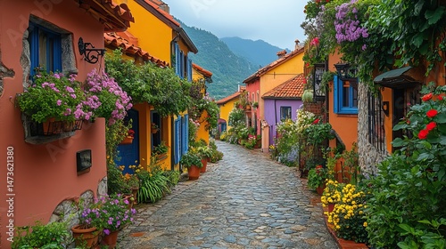A winding cobblestone path leads through a charming European village with colorful buildings and overflowing flower boxes, inviting exploration