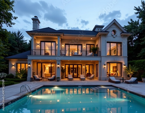 a wide view shows a two story residence with a swimming pool in the foreground