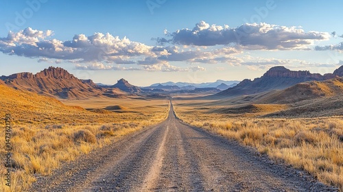 A winding dirt road stretches through a desolate, rocky desert landscape under a scorching midday sun, with distant mesas on the horizon