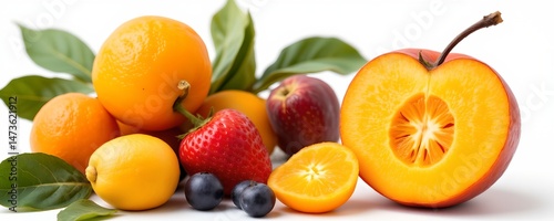 a bright collection of fruits and foliage are arranged against a white background. several oranges are nestled together, some with green leaves still attached to their stems