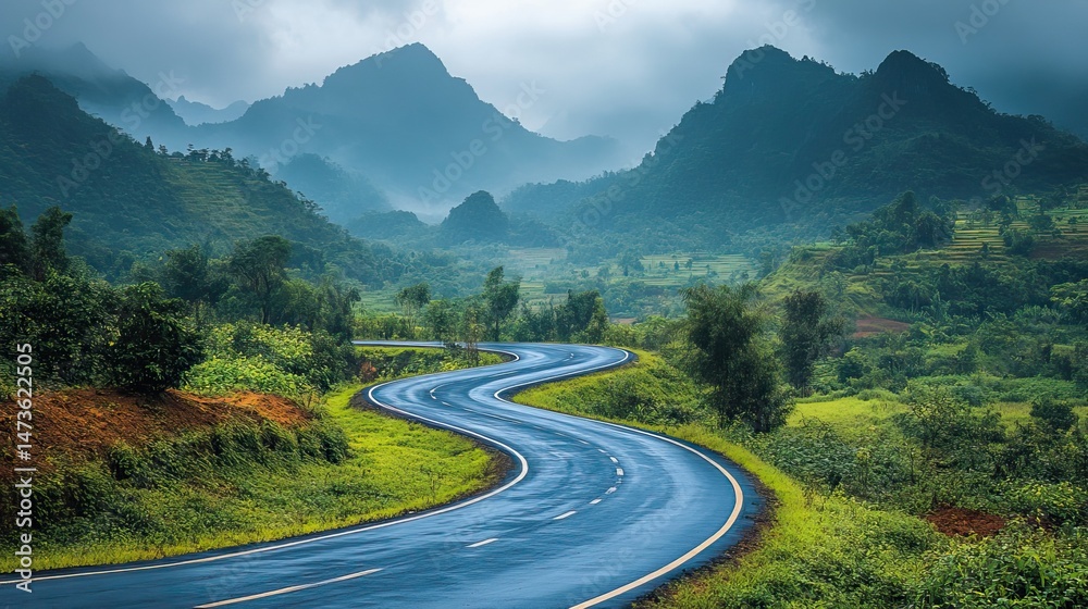 Fototapeta premium A winding mountain road snakes through a scenic landscape, offering breathtaking views at every turn and promising adventure for those who travel its path