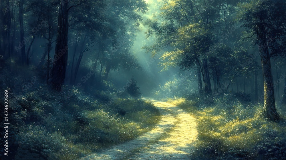 A winding path disappears into a dense forest, its mysterious allure beckoning exploration and promising discoveries beyond the veil of trees and shadows A winding path disappears into a dense forest, its mysterious allure beckoning exploration and promising discoveries beyond the veil of trees and shadows