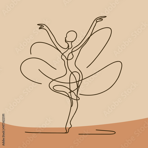 Elegant ballerina dancing in abstract line art on beige
