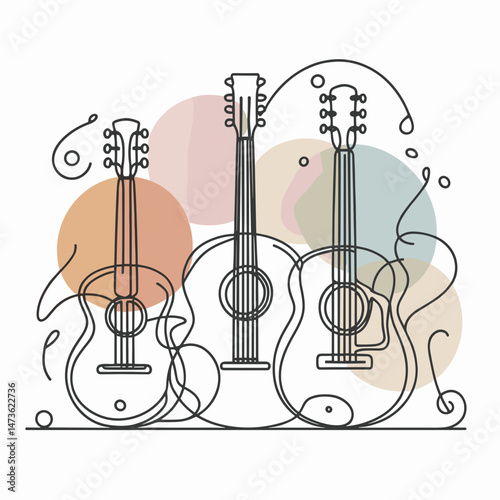 Three acoustic guitars in line art with abstract color circles