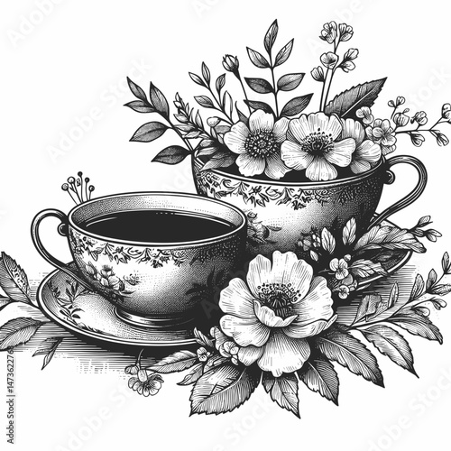 Floral teacups in vintage black and white engraved style