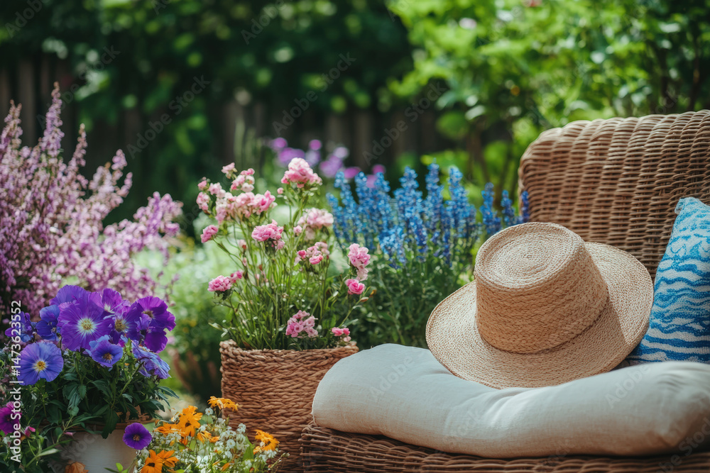 Fototapeta premium Summer Garden Scene with Hat. A straw hat rests on a wicker chair surrounded by vibrant flowers, evoking the essence of summer days in a beautiful garden.