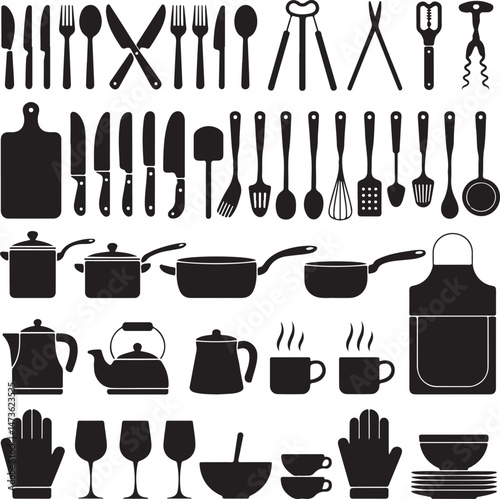 Modern Kitchen Utensils Silhouette Set

Chef Tools and Cutting Board Vector

Cooking Essentials in Kitchen Silhouette

Spoon, Fork, and Knife Bundle Vector

Silhouette of Kitchenware Collection