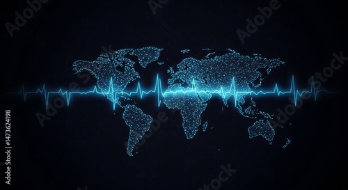 Global interconnectedness represented by a stylized world map and electrocardiogram.