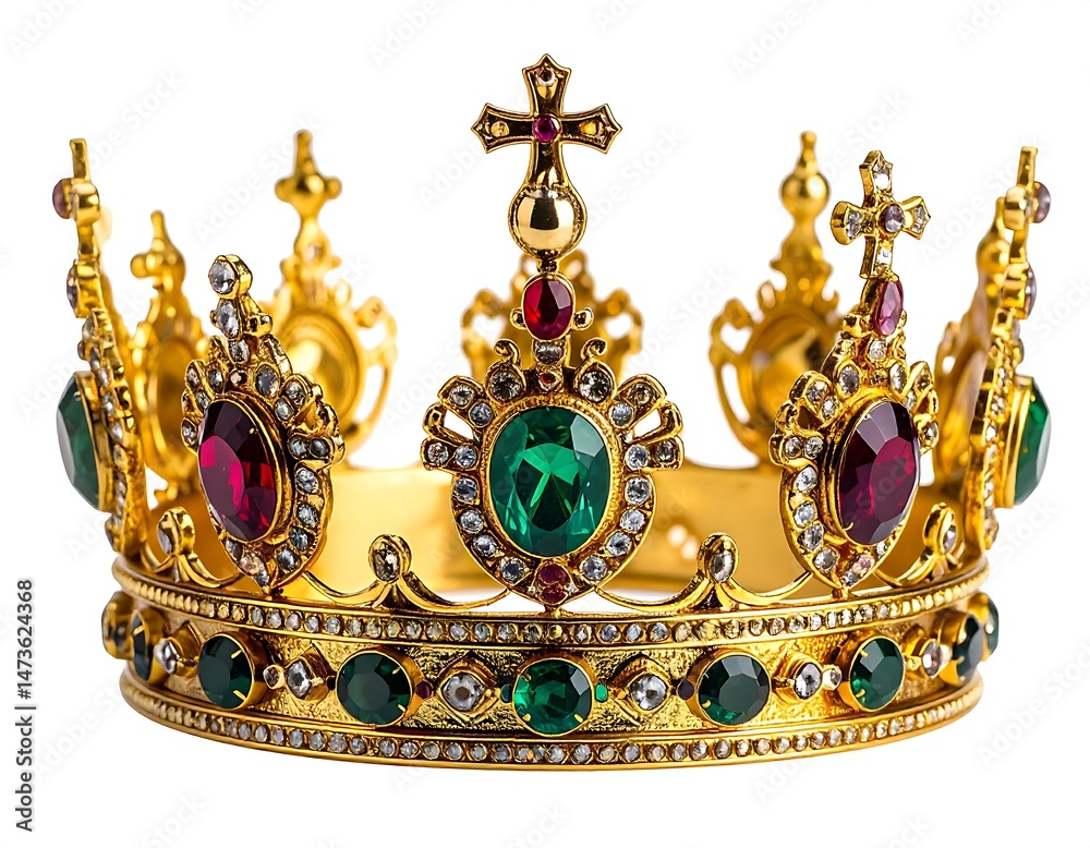 Regal Gold Crown Adorned with Emerald and Ruby Jewels Isolated on White Background Luxury Jewelry Royal Accessory Regal Gold Crown Adorned with Emerald and Ruby Jewels Isolated on White Background Luxury Jewelry Royal Accessory