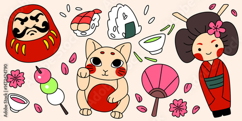 Cute Japanese folk art stickers set - lucky maneki neko cat and daruma doll, sakura flowers and woman toy, sushi and onigiri, traditional fan and dango dessert. Cartoon playful Asian motifs.