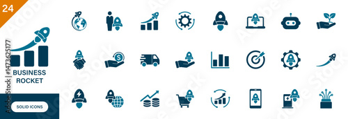 Business rocket icon. Containing fast growth, investment, fast charging, fast delivery, collaboration, goal, biểu đồ tăng trưởng, high speed. Solid vector icon set.