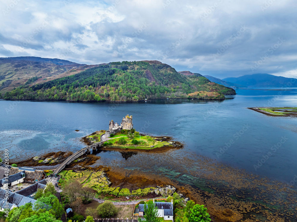 Eilean Donan Castle and Loch Duich from a drone, Isle of Skye, Highlands, Scotland, England