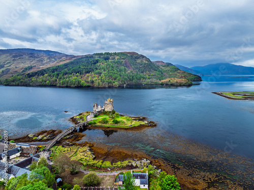 Eilean Donan Castle and Loch Duich from a drone, Isle of Skye, Highlands, Scotland, England	