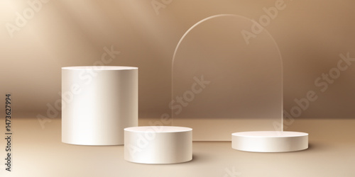 Beige round podiums in different sizes with glass arch - cylindrical stands or pedestals for product display. Minimalist geometric shapes, solid colors. 3d pastel bg with natural light and shadows.