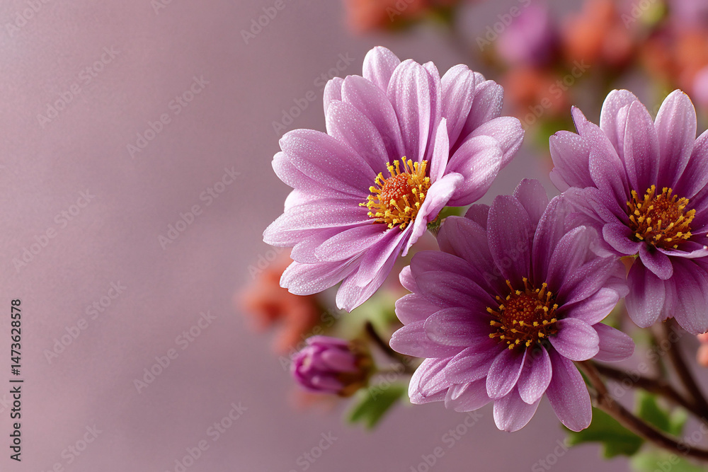 Obraz premium Three pink daisy-like flowers with yellow centers sit against a pink background