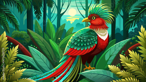Resplendent Quetzal, Pharomachrus mocinno, from Chiapas, Mexico with green forest background. Tropic bird. Magnificent sacred green and red bird. Detail forest hidden Resplendent Quetzal .Very beautif